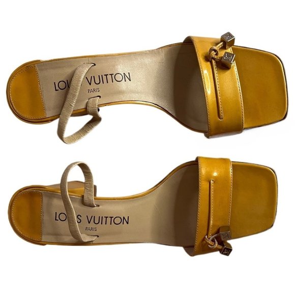 Louis Vuitton Gold Block Heel Sandals Metal LV Logo Charms Size 36.65 (US 6) - Picture 6 of 16